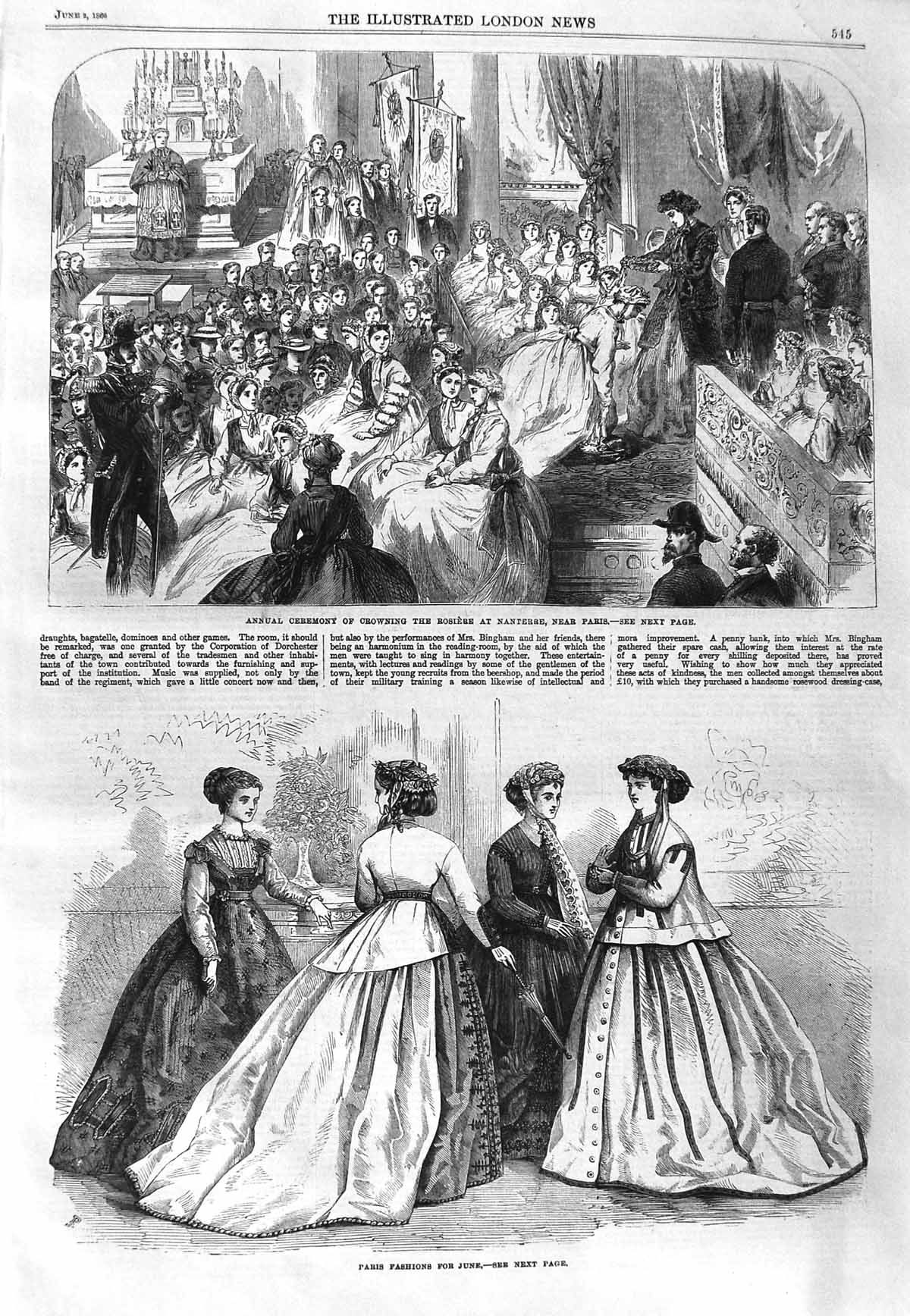 Old Antique Print 1866 Paris Fashion June Crowning Rosiere Nanterre Paris 19th