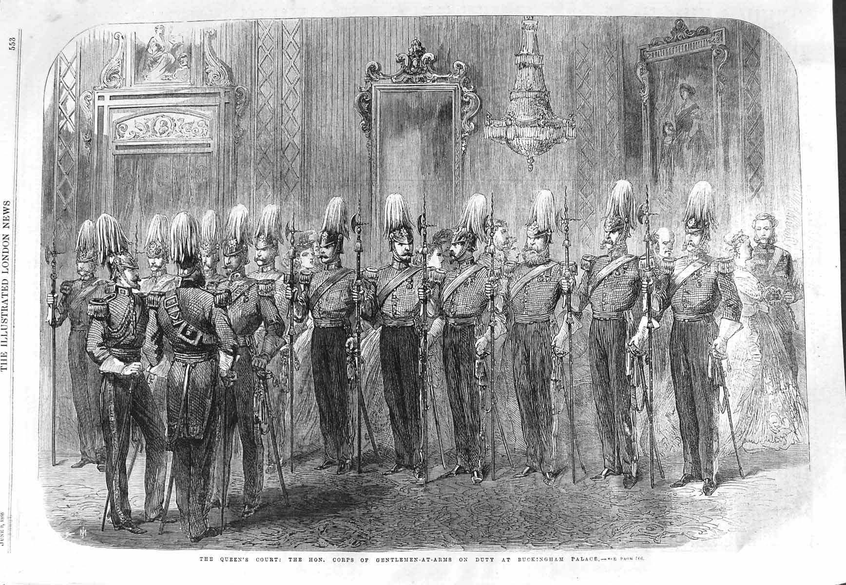 Original Old Antique Print 1866 Queen Court Corps Gentlemen-At-Arms Buckingham