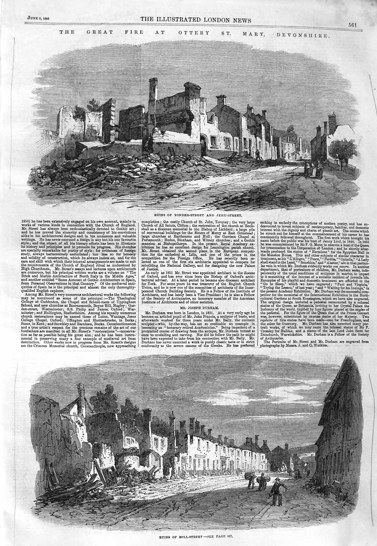 Original Old Antique Print 1866 Fire Ottery St. Mary Devonshire Yonder-Stre 19th