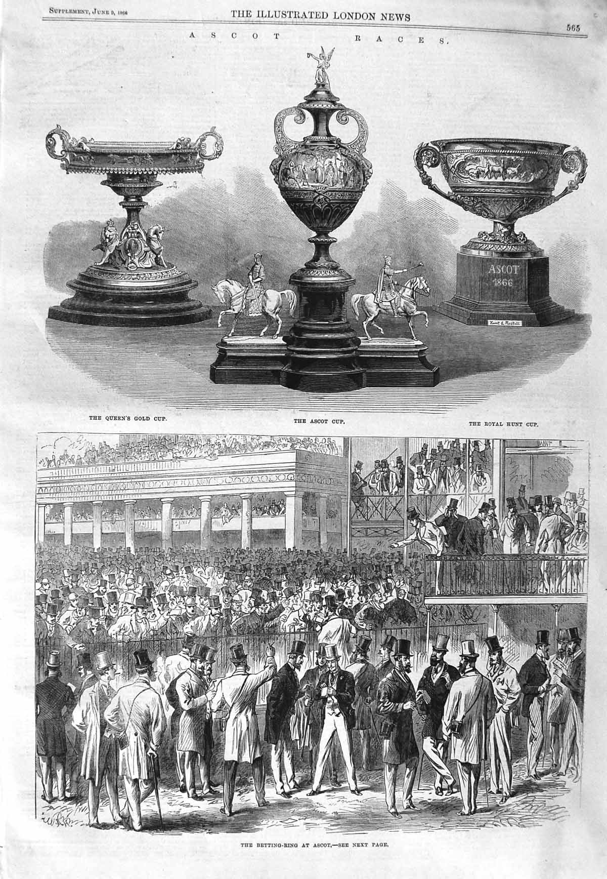 Original Old Antique Print 1866 Ascot Races Queen'S Cup Royal Hunt Betting-Ring