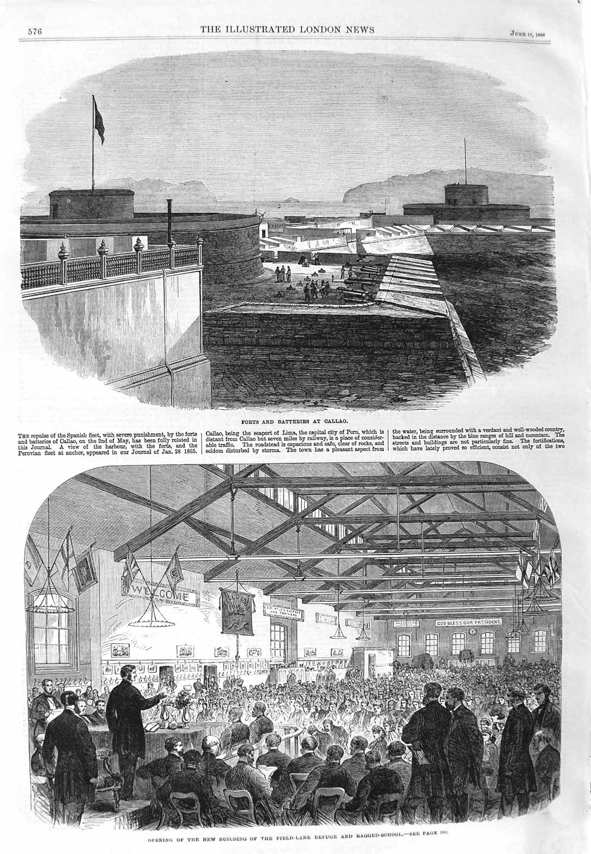 Original Old Antique Print 1866 Forts Batteries Callao Field-Lane Refuge 19th