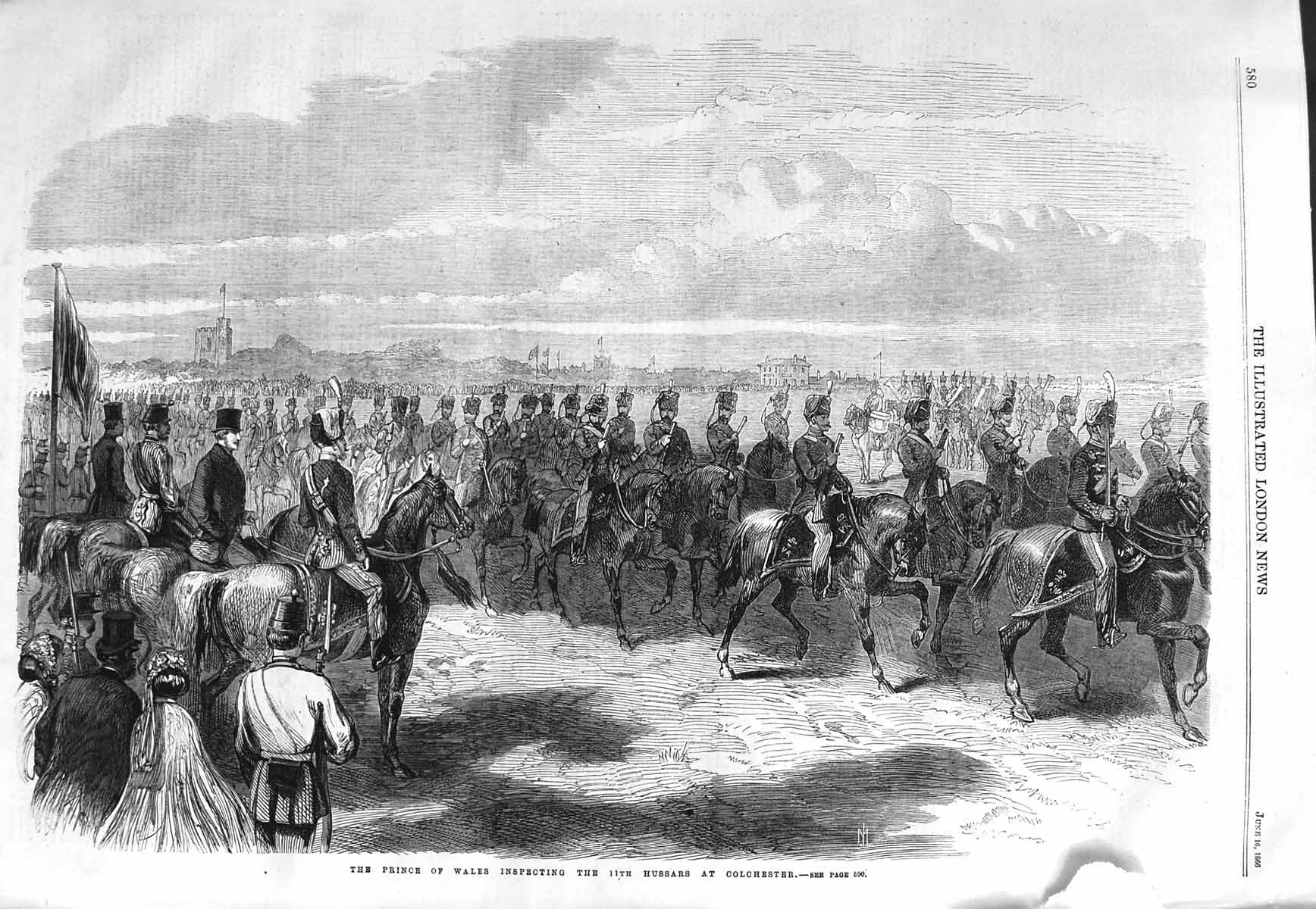 Original Old Antique Print 1866 Prince Wales Inspecting Hussars Colchester Sier