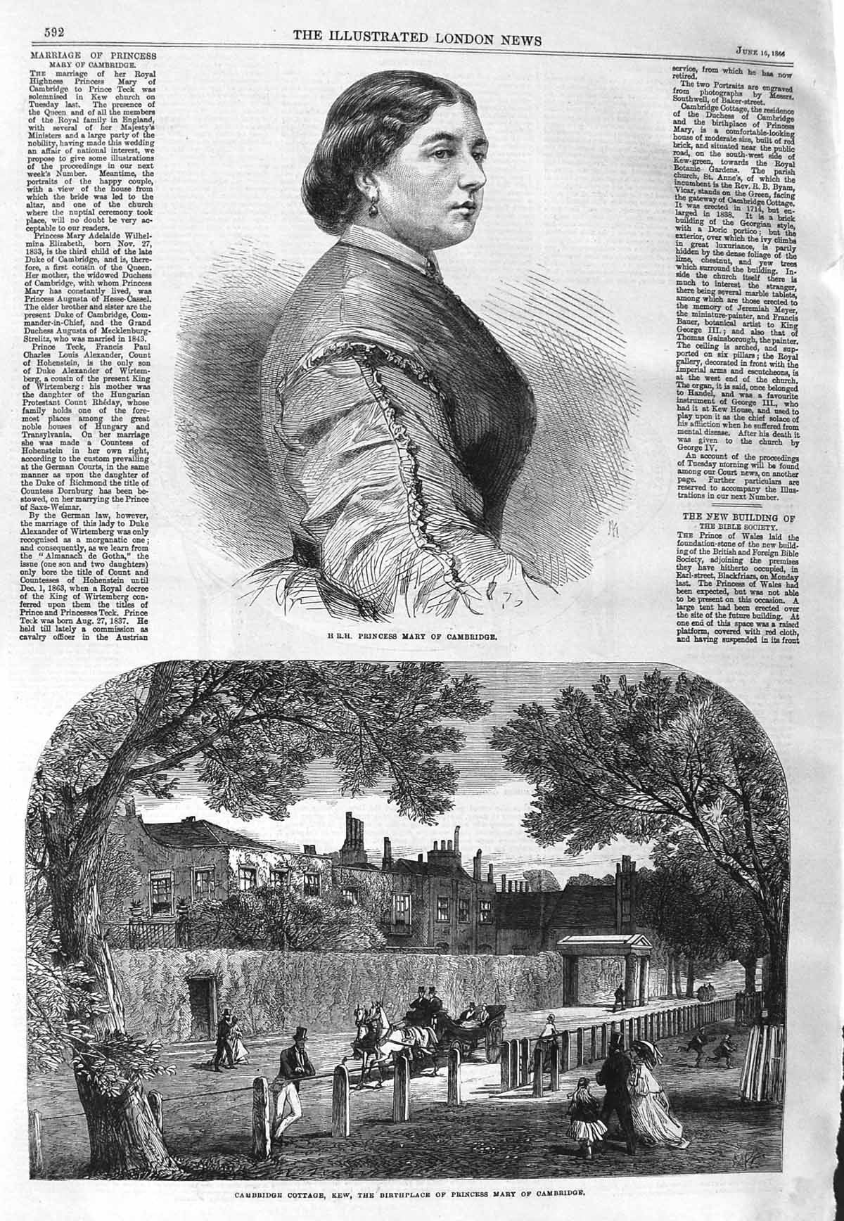 Original Old Antique Print 1866 Princess Mary Cambridge Kew Cottage Birthplace
