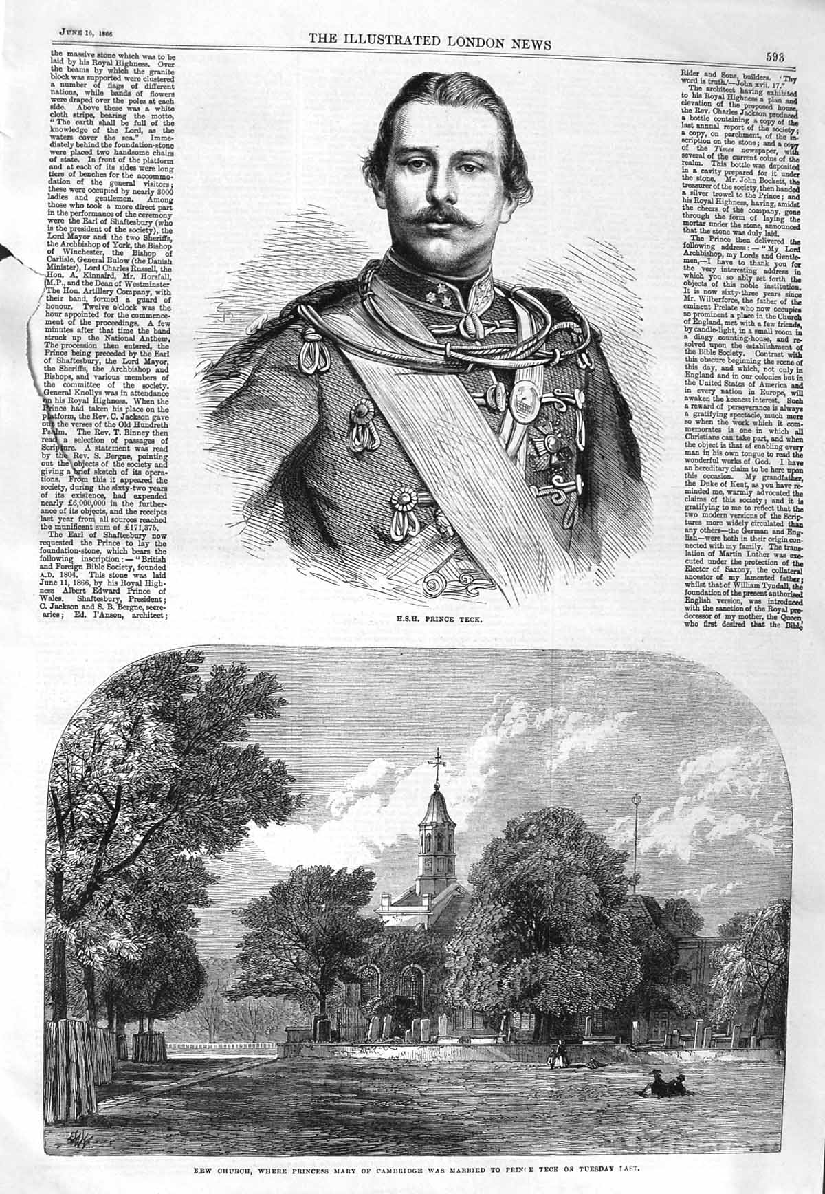 Original Old Antique Print 1866 Portrait Prince Teck Kew Church Princess Mary