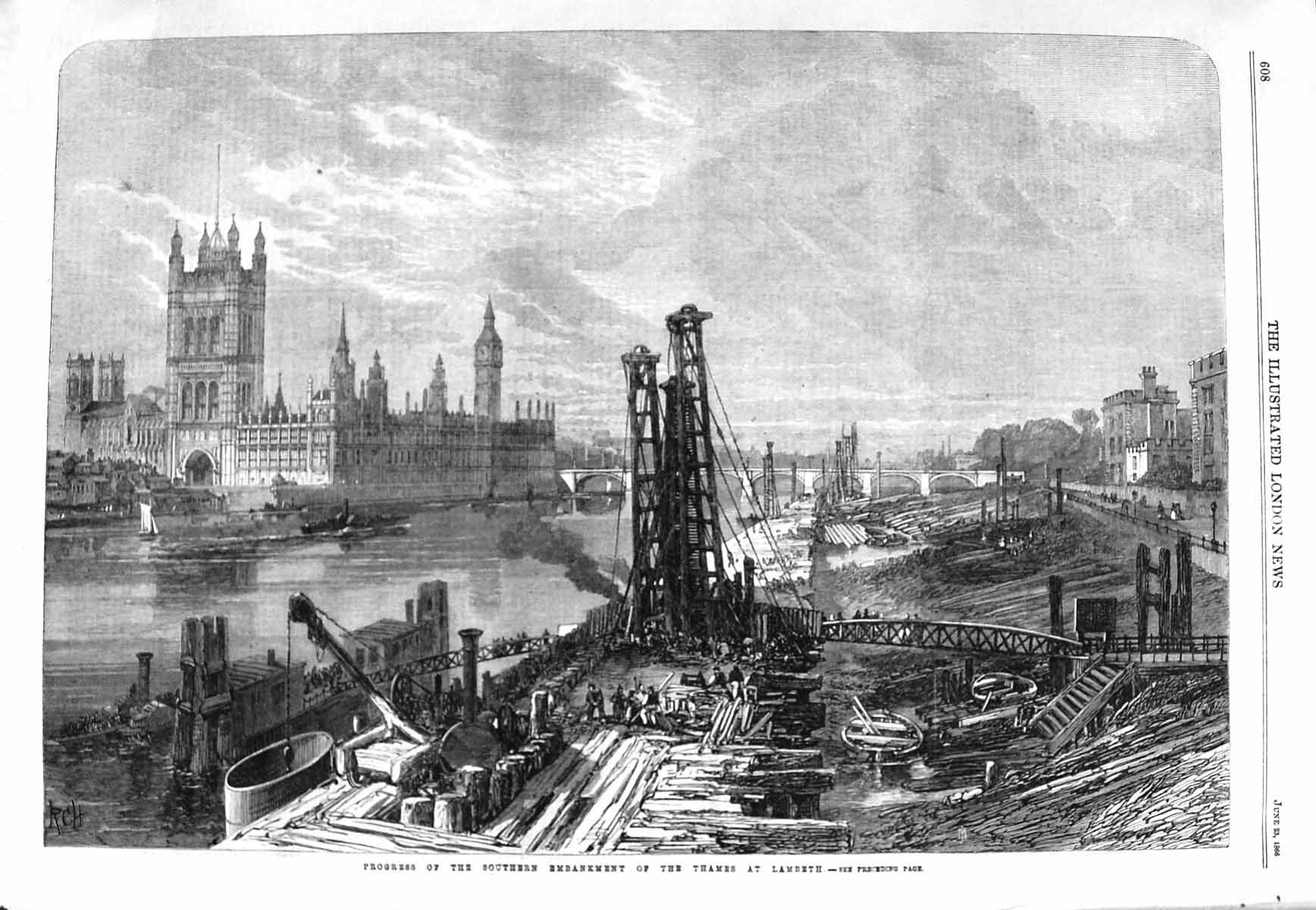 Original Old Antique Print 1866 Works Southern Embankment Thames Lambeth London