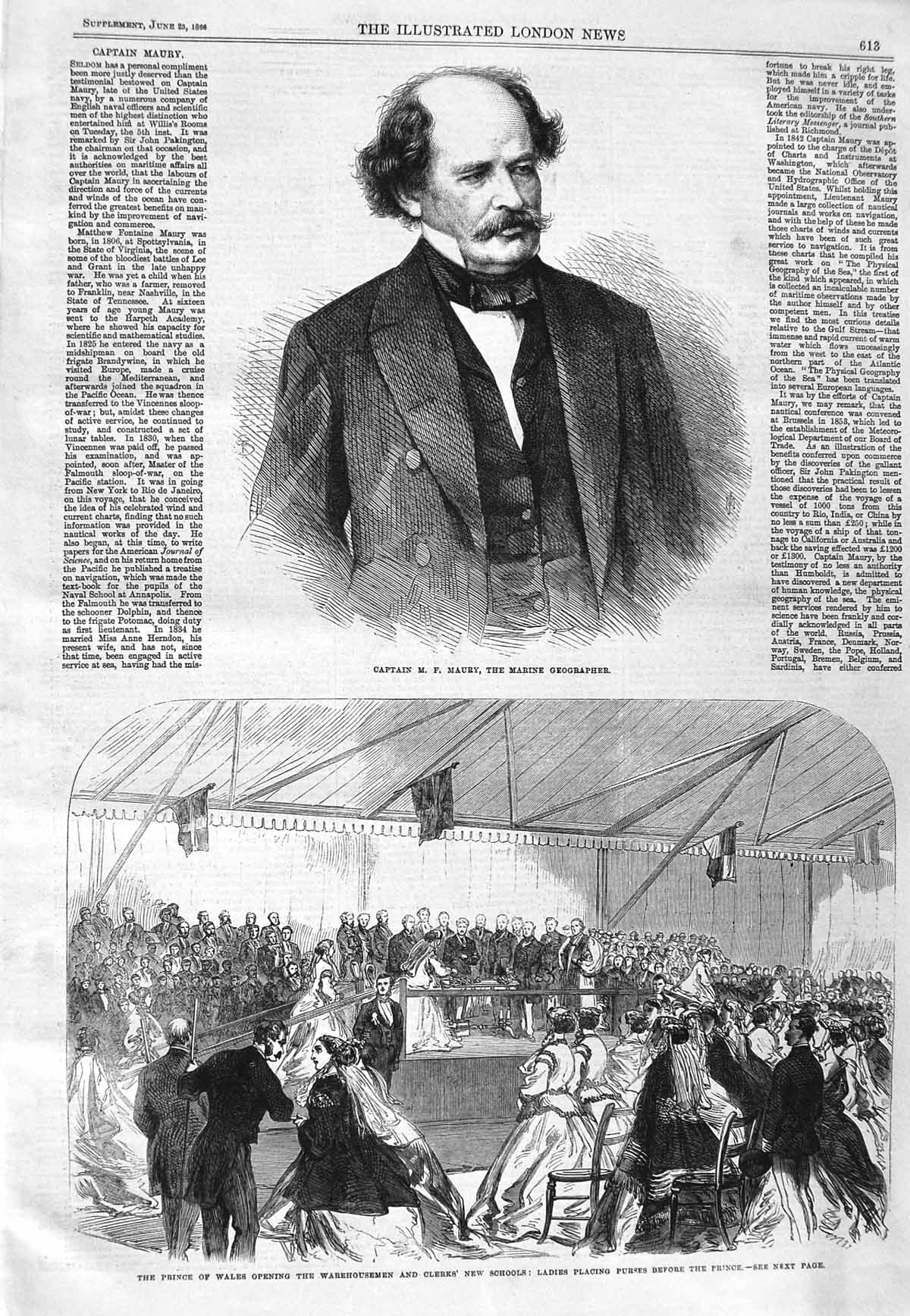 Original Old Antique Print 1866 Captain Maury Marine Geographer Prince Wales
