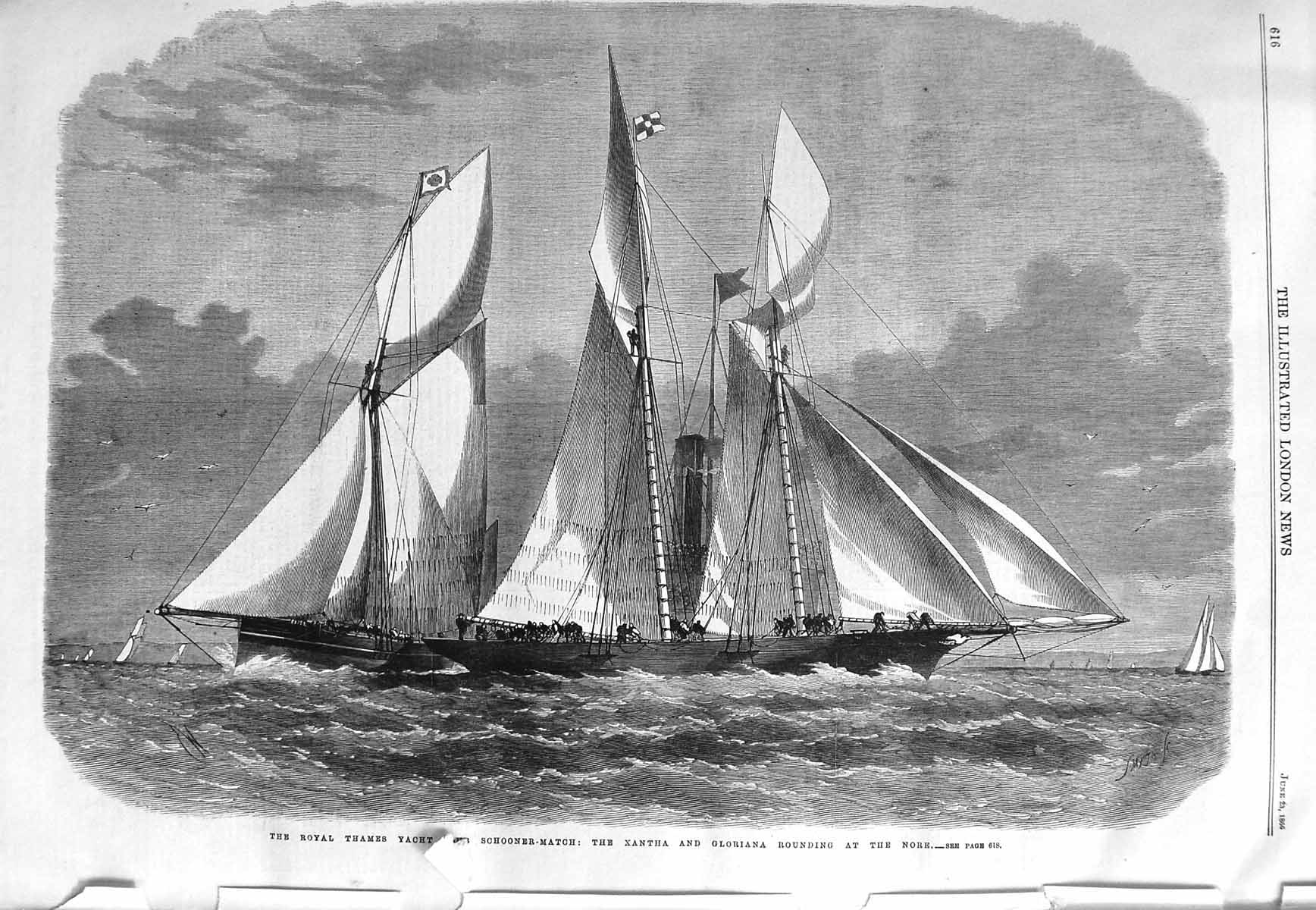 Old Antique Print 1866 Thames Yacht Club Schooner Yacht Xantha Gloriana 19th