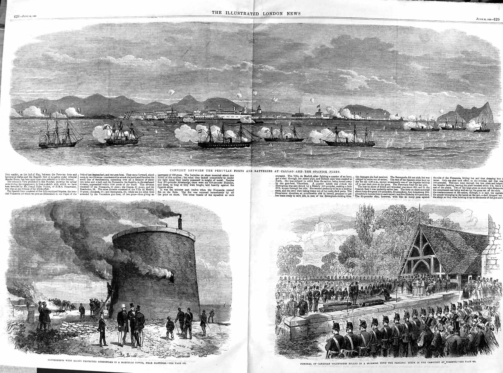 Original Old Antique Print 1866 Peruvian Fort Callao Spanish Ships Toron 19th