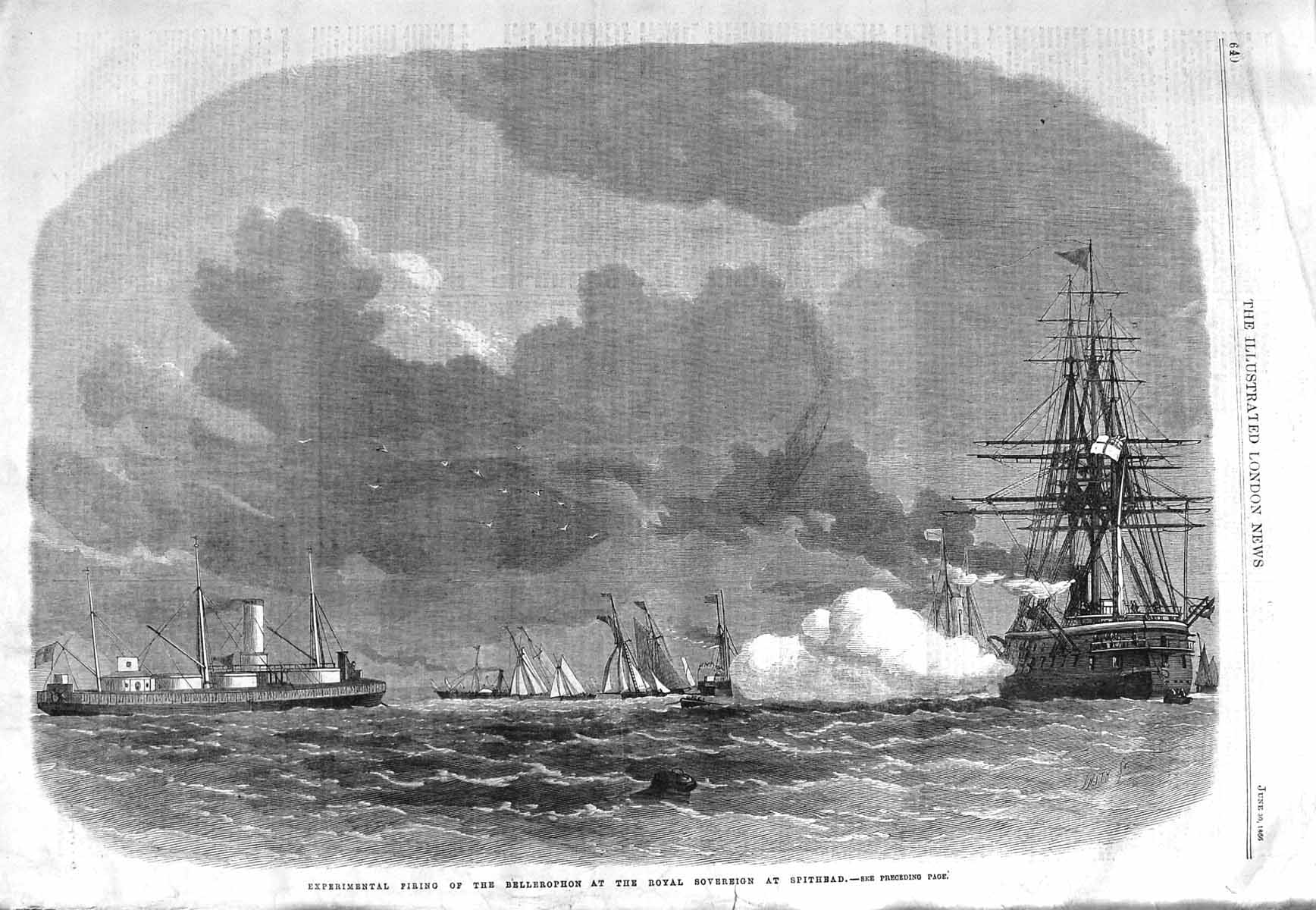 Old Antique Print 1866 Firing Bellerophon Royal Sovereign Spithead Ships 19th