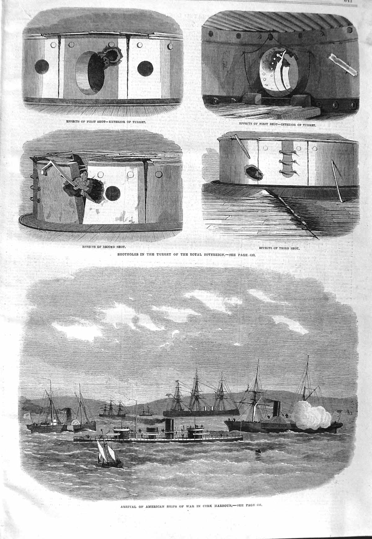 Old Antique Print 1866 American War Ship Cork Royal Sovereign Shotholes 19th