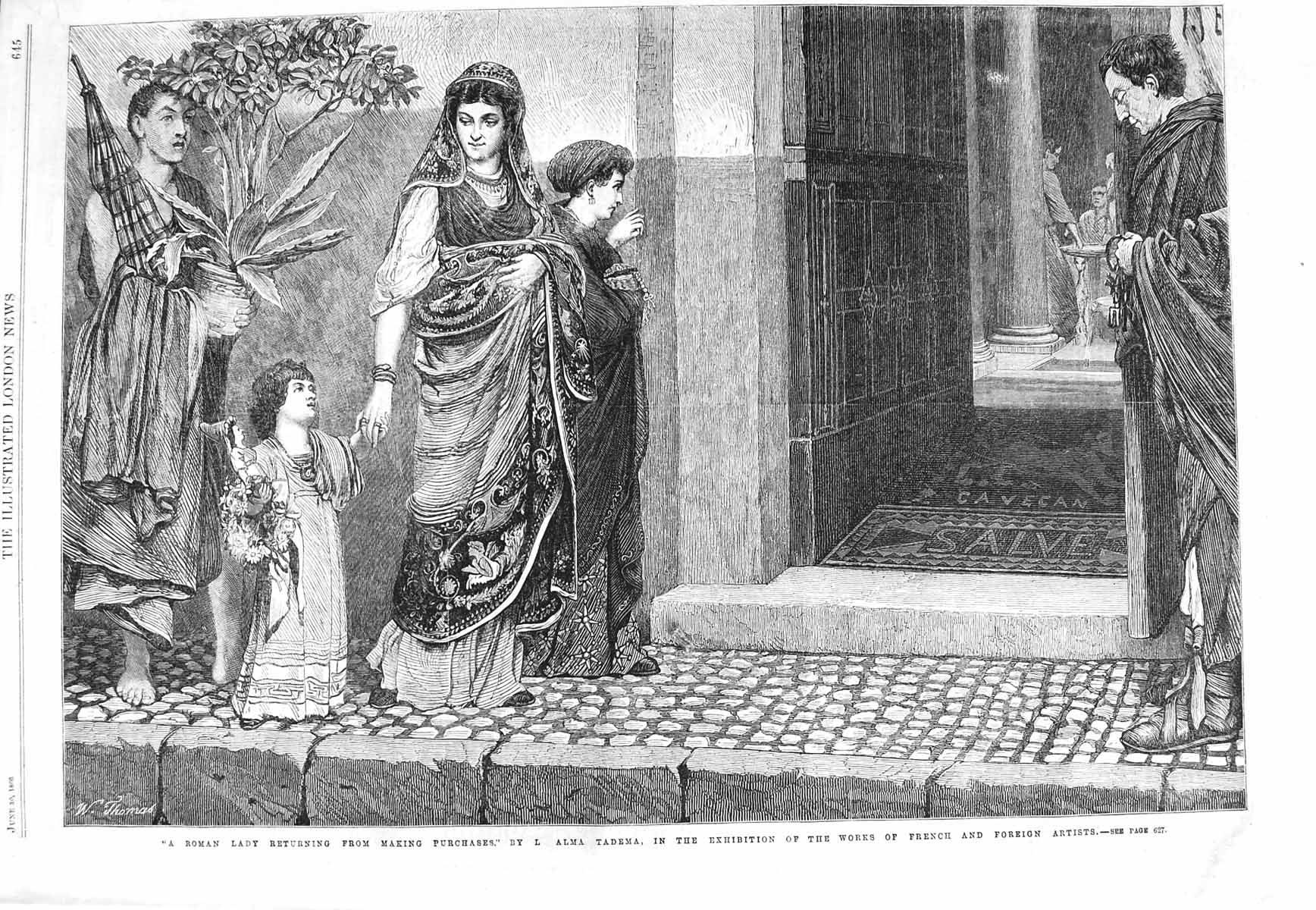 Original Old Antique Print 1866 Roman Lady Returning Shopping Alma Tadema 19th