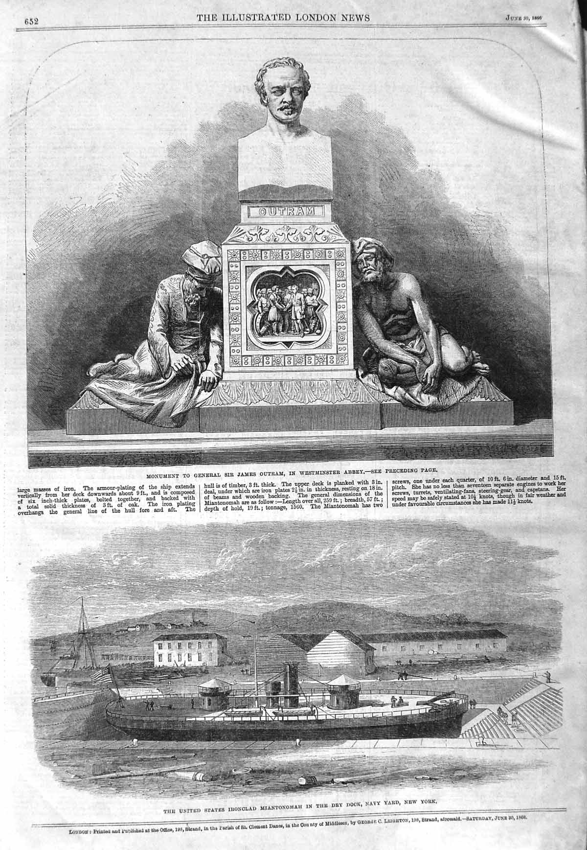 Old Antique Print 1866 Monument James Outram Westminster Ship Miantonomah 19th