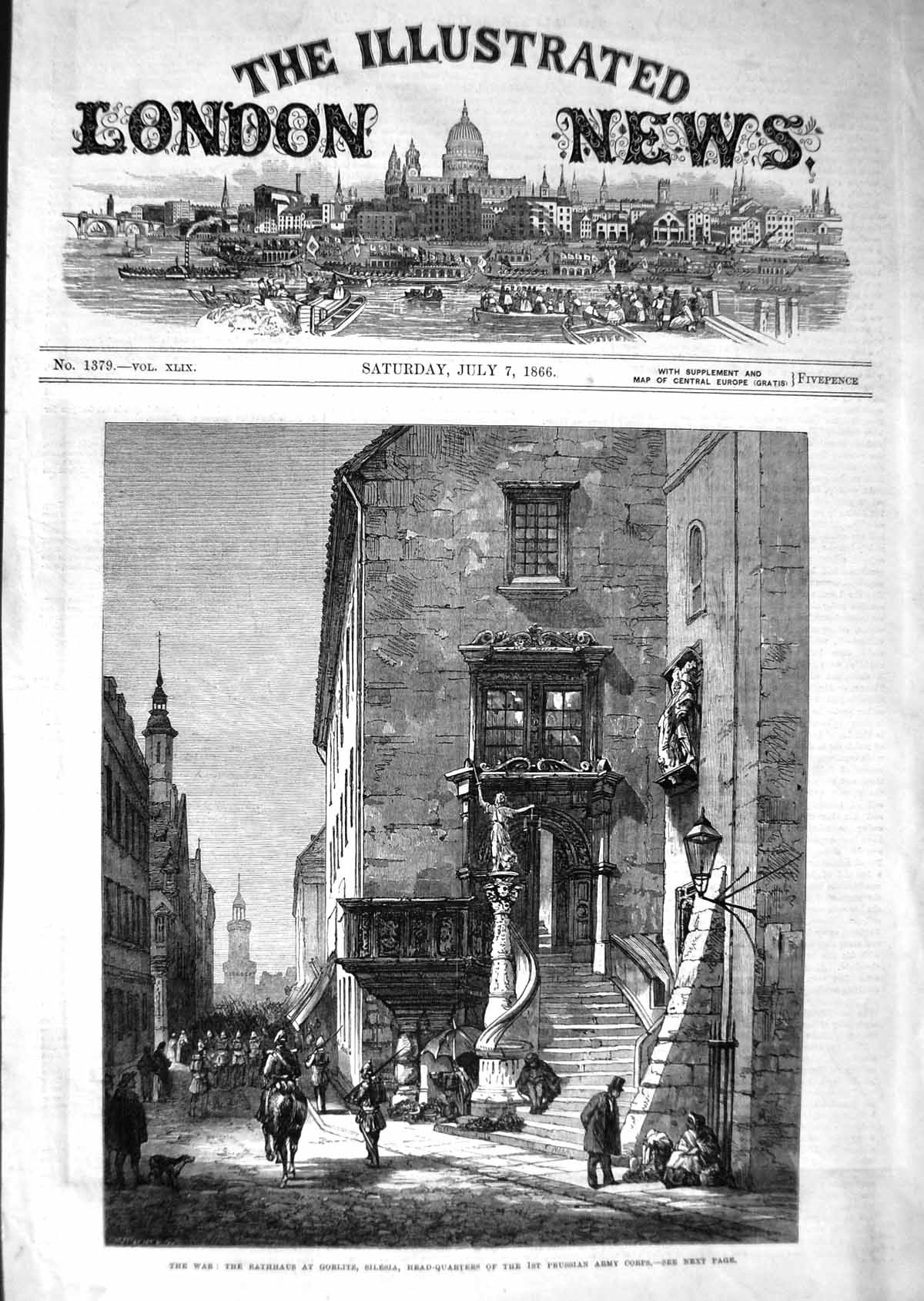 Old Antique Print 1866 Rathhaus Gorlitz Silesia Prussian Army Corps War 19th