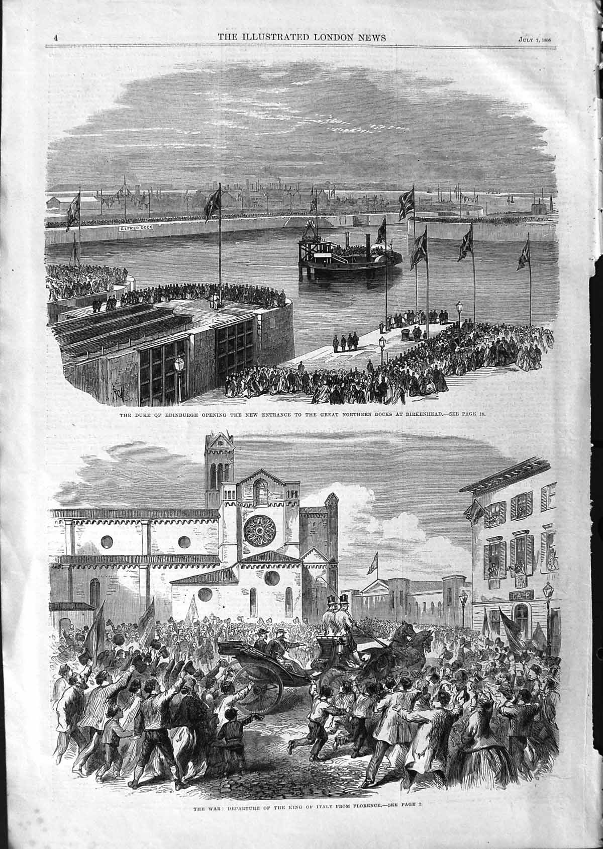 Original Old Antique Print 1866 Duke Edinburgh Docks Birkenhead King Italy War