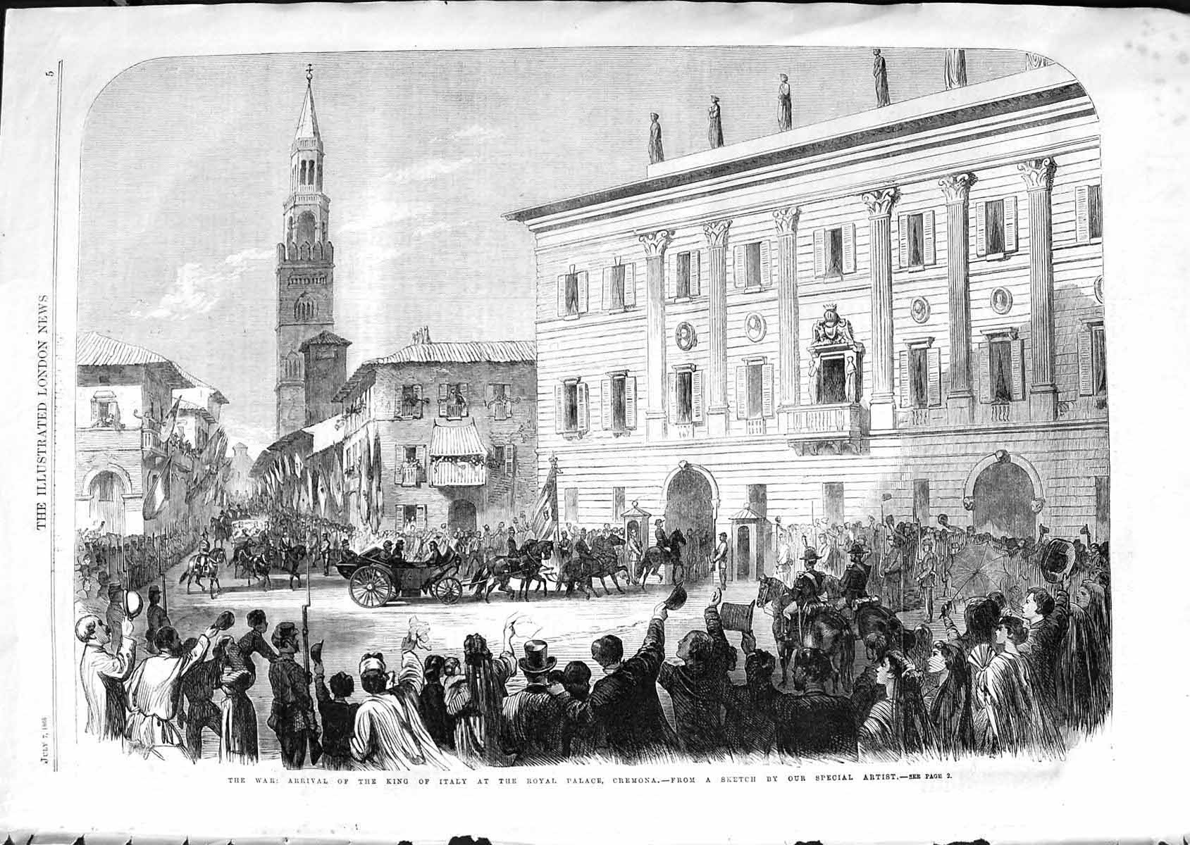 Original Old Antique Print 1866 Arrival King Italy Royal Palace 19th