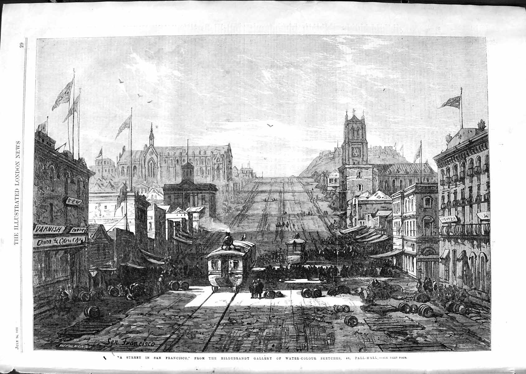 Original Old Antique Print 1866 Street San Francisco Hildebrandt Gallery Art