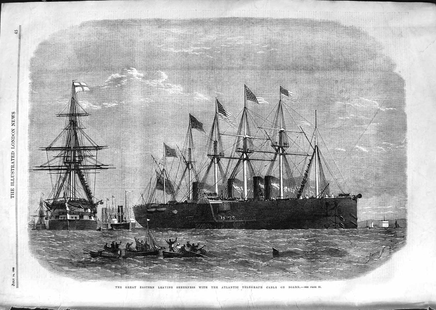 Antique Old Print *3566 1866 Great Eastern Ship Sheerness Atlantic Telegraph