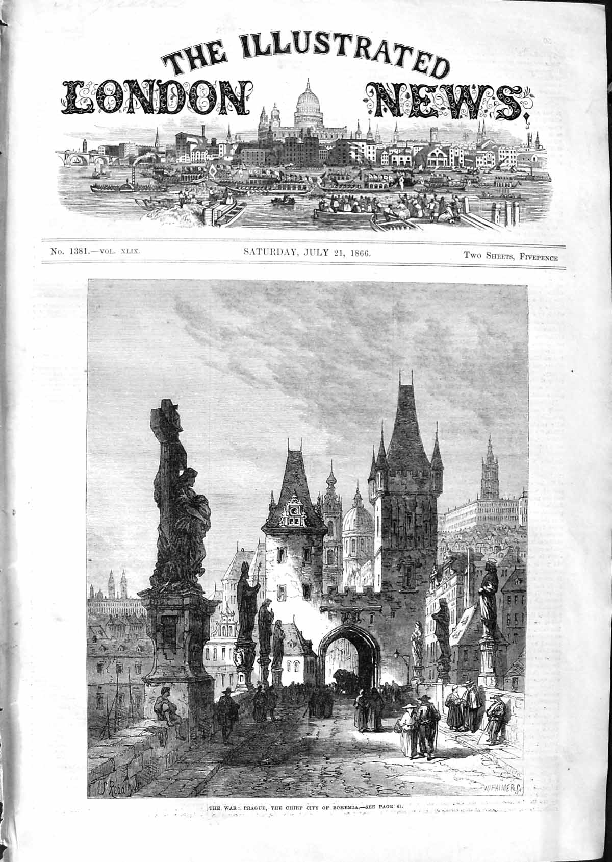 Original Old Antique Print 1866 War Prague Chief City Bohemia Archi Victorian