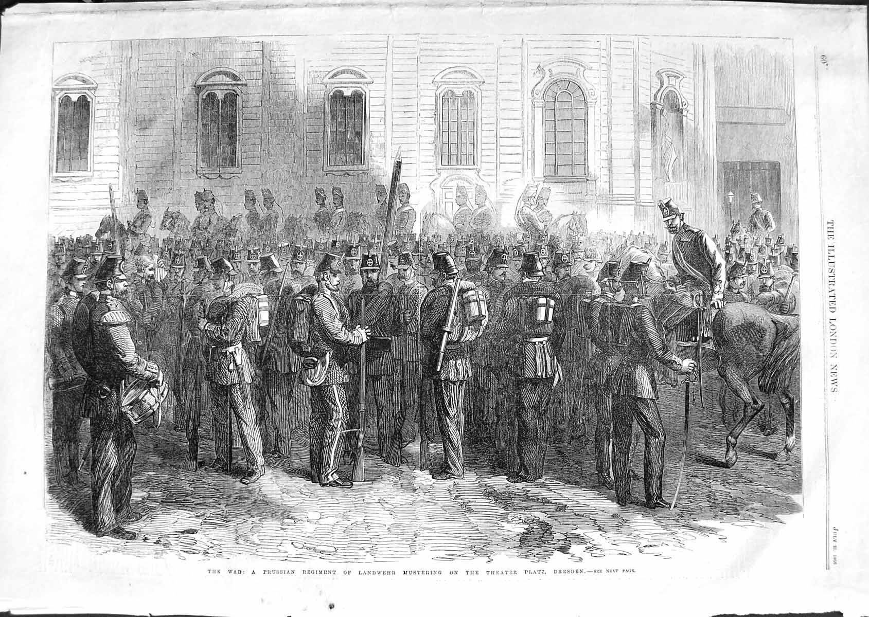Old Antique Print 1866 Prussian Regiment Landwehr Theatre Platz Dresden 19th