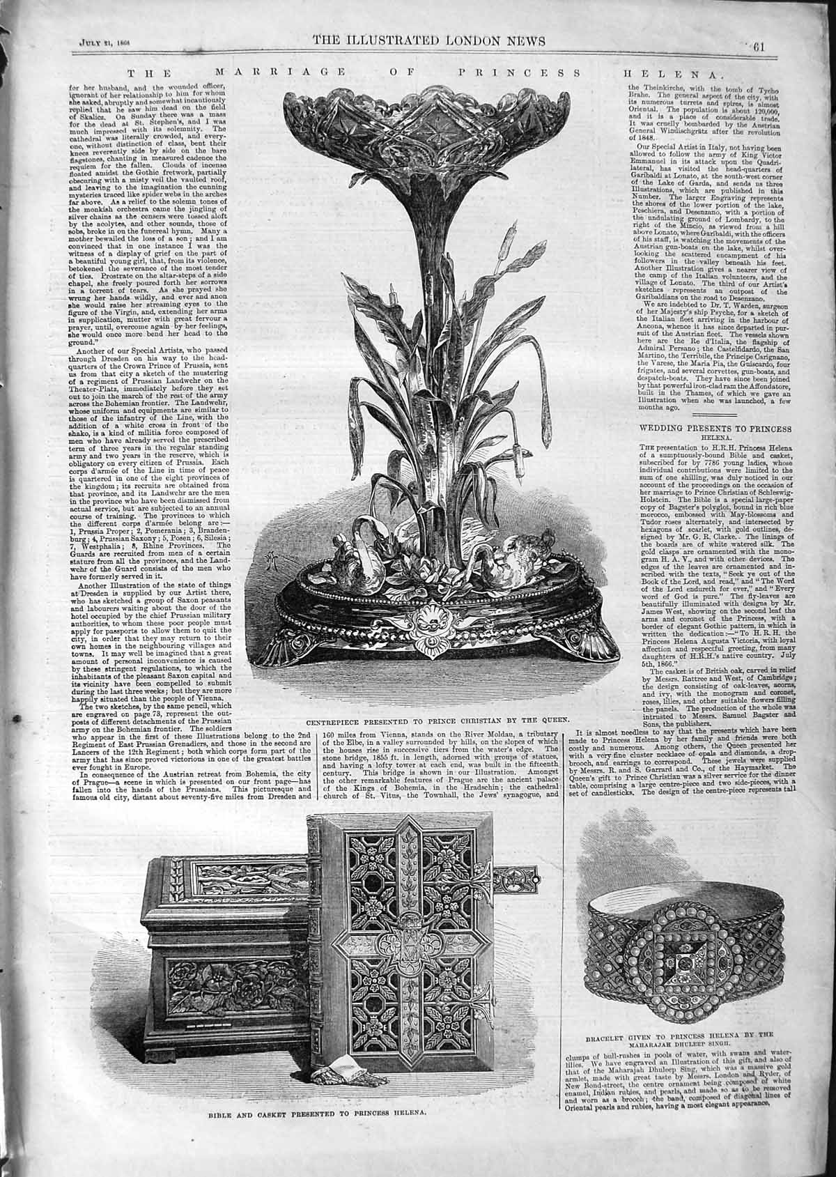 Original Old Antique Print 1866 Bible Casket Princess Helena Wedding Bracelet