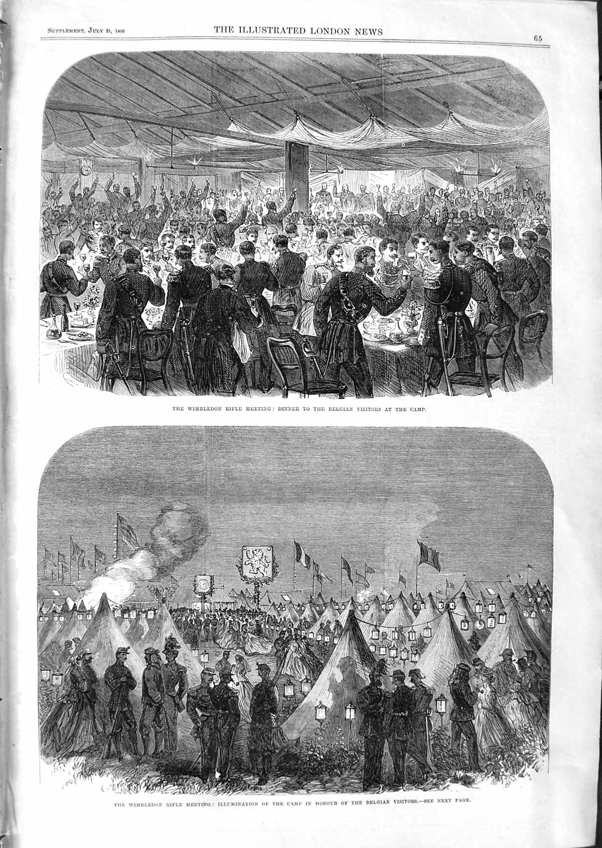 Antique Old Print *3567 1866 Wimbledon Rifle Meeting Camp Belgian Visitors