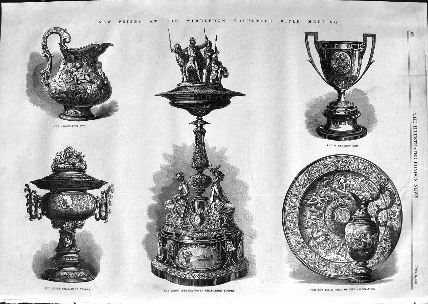 Original Old Antique Print 1866 Wimbledon Volunteers Rifle Meeting Trophy Cup