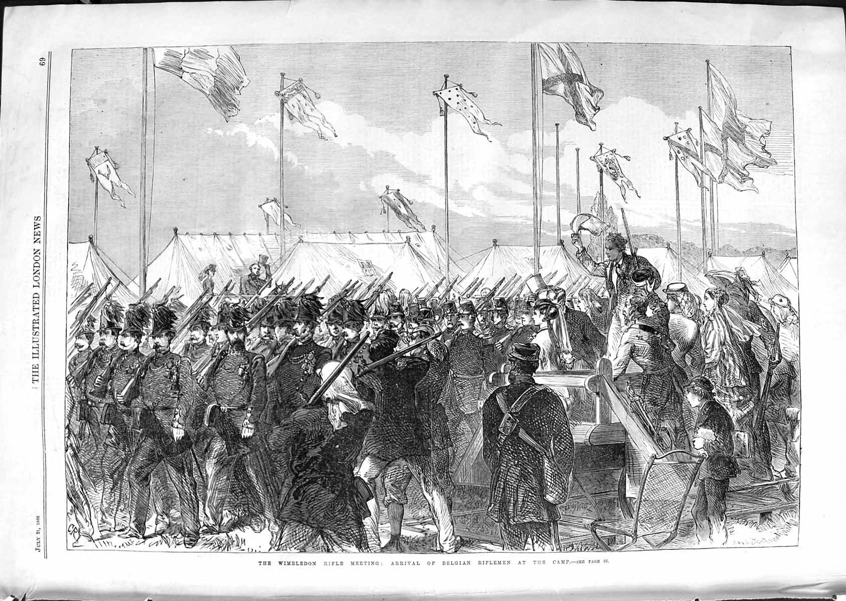 Antique Old Print *3568 1866 Wimbledon Rifle Meeting Belgian Riflemen Camp