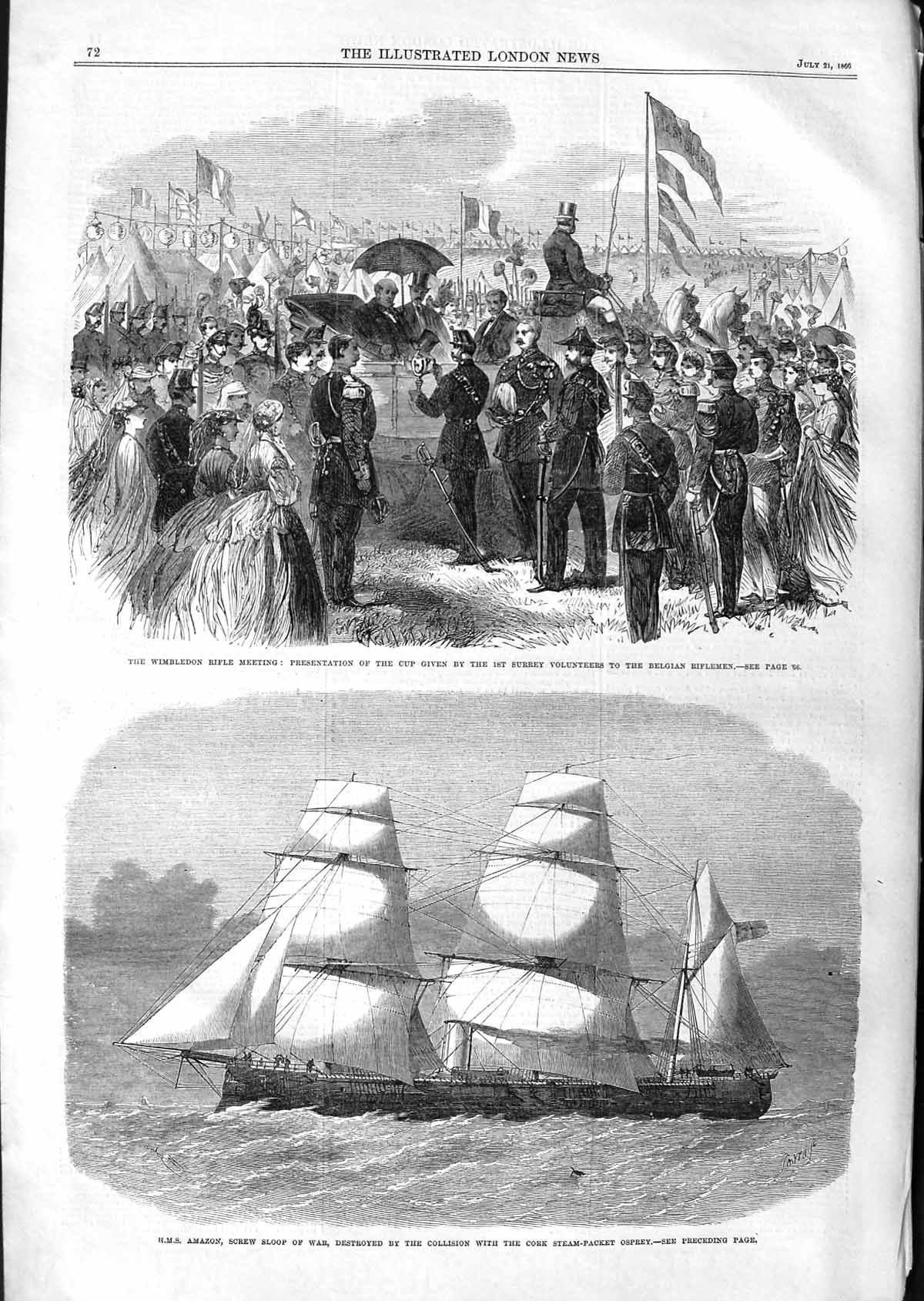 Old Antique Print 1866 Wimbledon Rifle Surrey Volunteers Ship Amazon War 19th