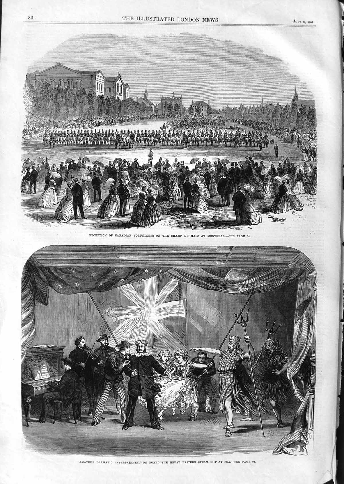 Original Old Antique Print 1866 Canadian Volunteers Champ Mars Montreal Eastern