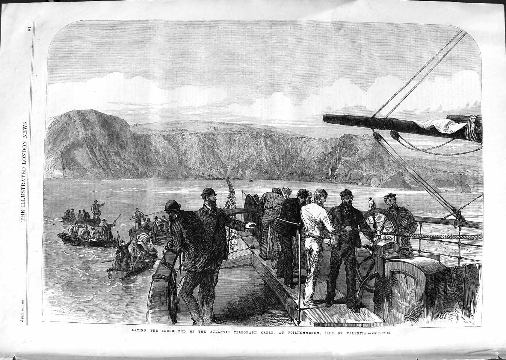 Original Old Antique Print 1866 Atlantic Telegraph Cable Foilhommerum Valentia