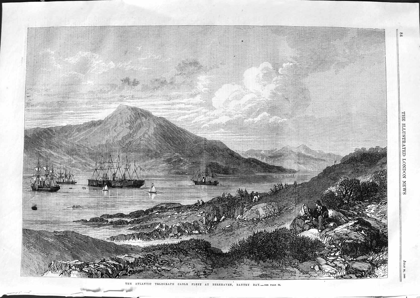 Antique Old Print *3569 1866 Atlantic Telegraph Cable Ships Berehaven Bantry