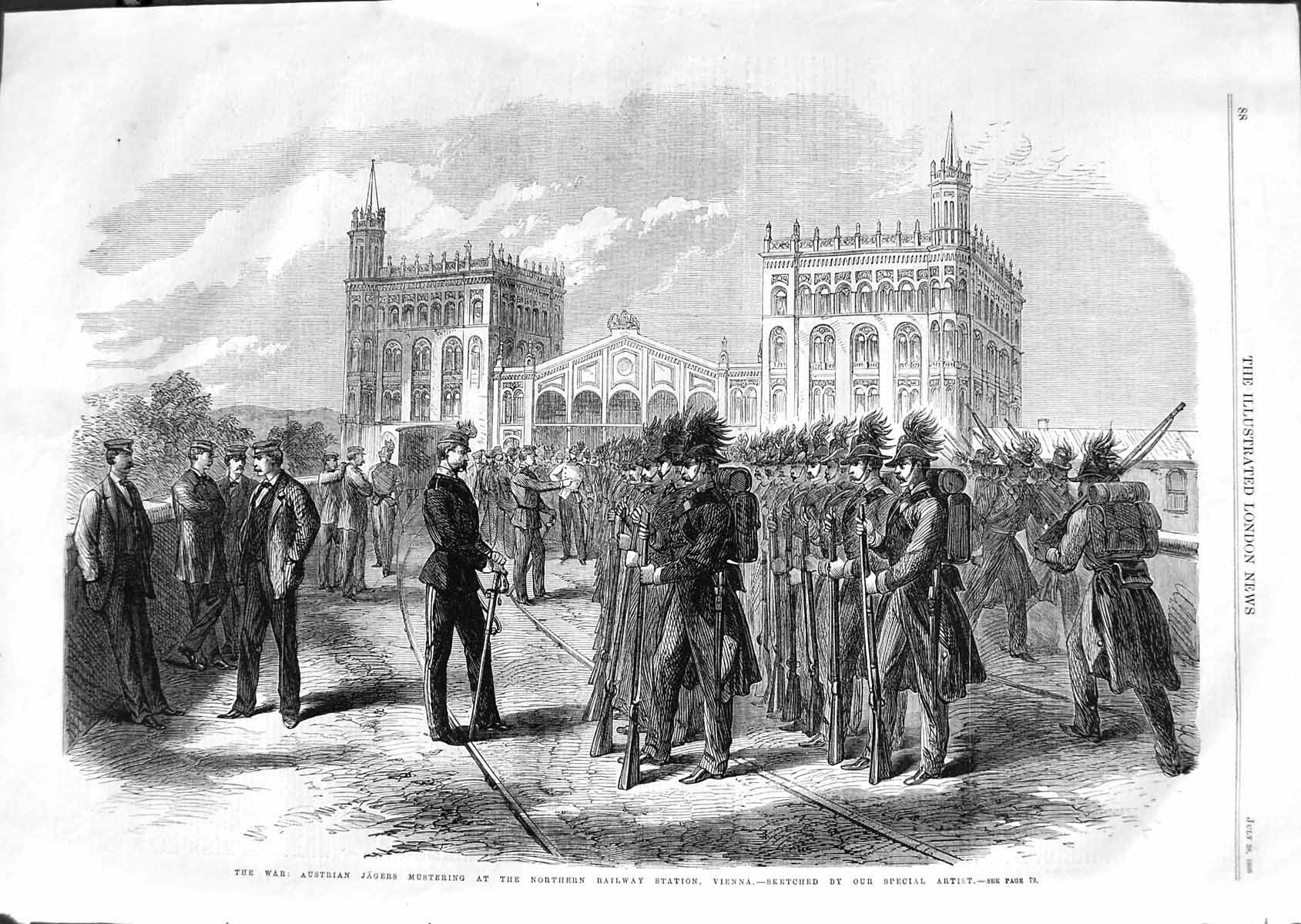 Original Old Antique Print 1866 Austrian Jagers Northern Railway Station Vienna