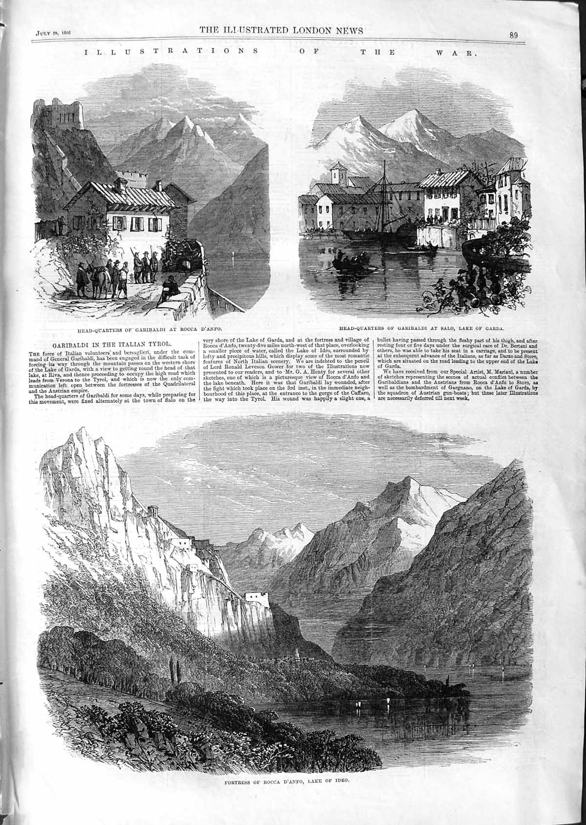 Original Old Antique Print 1866 Fortress Rocca D'Anfo Lake Idro Garibaldi Garda