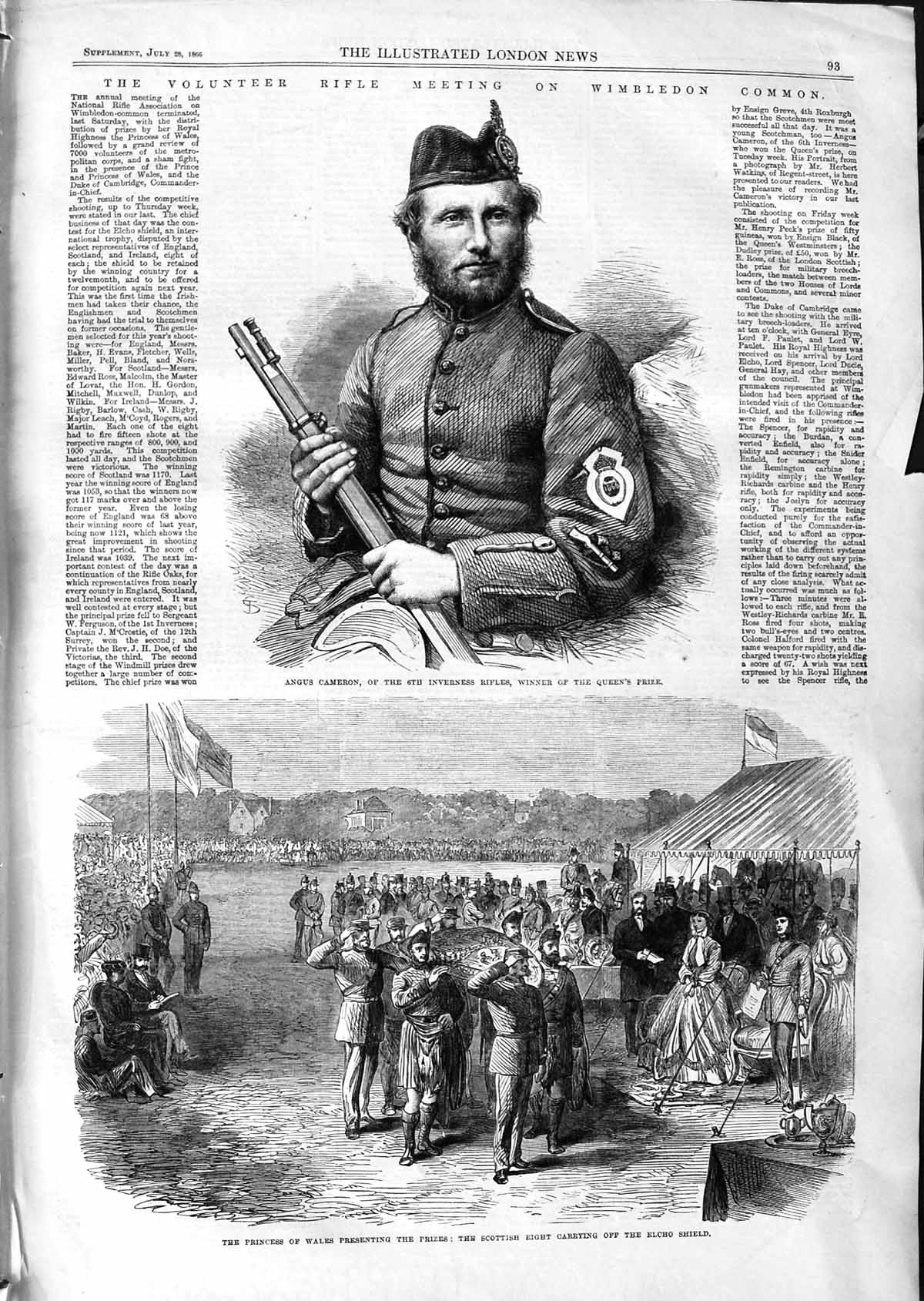 Old Antique Print 1866 Angus Cameron Inverness Rifles Elcho Shield Wales 19th