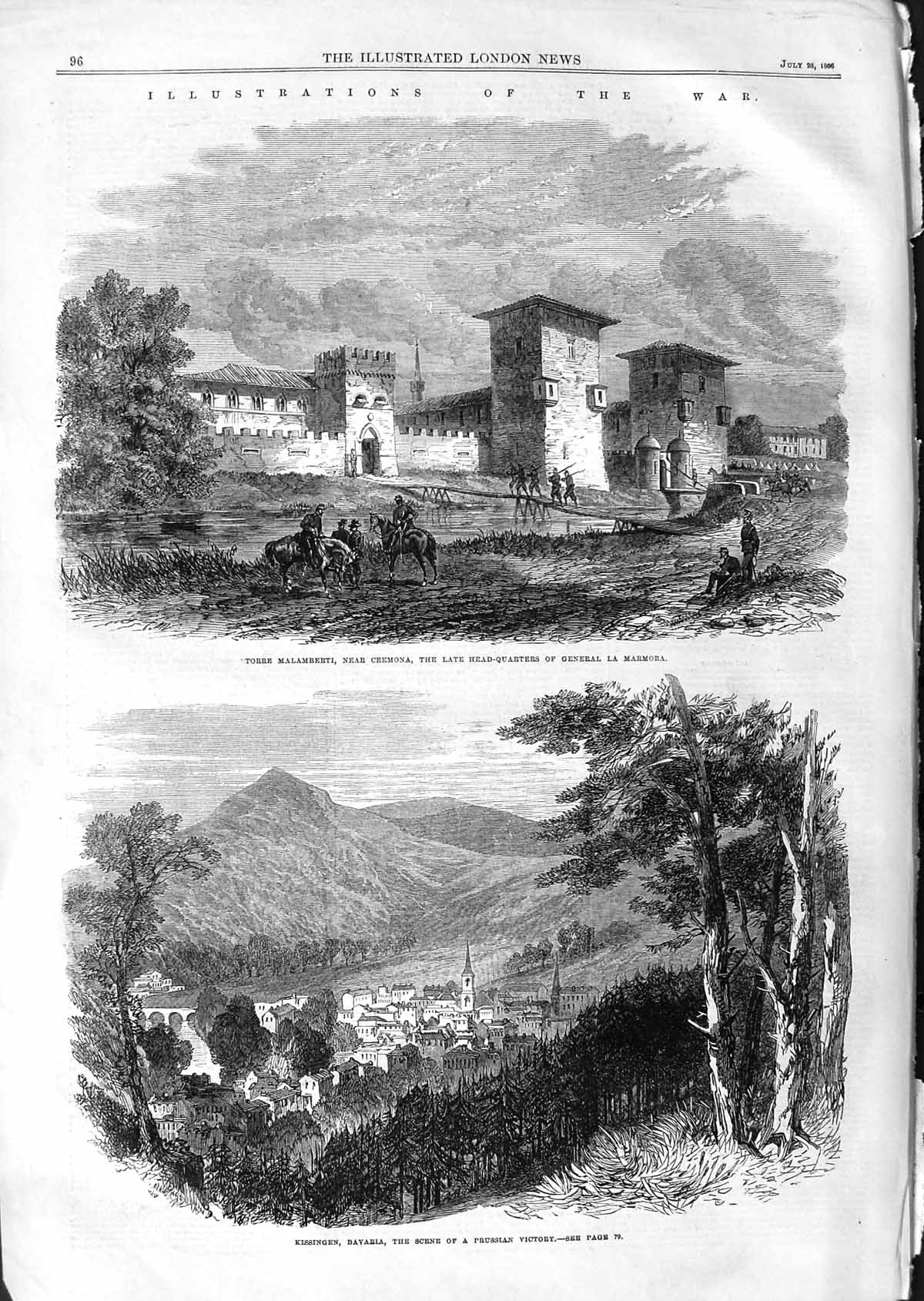 Old Antique Print 1866 Torre Malamberti Cremona General Marmora Kissingen 19th