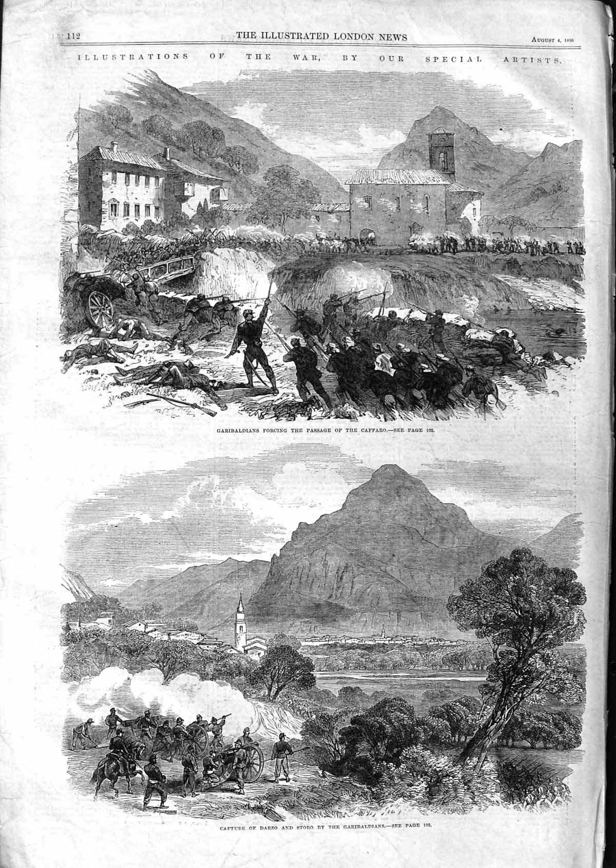 Original Old Antique Print 1866 Garibaldians Passage Caffaro Darzo Storo War