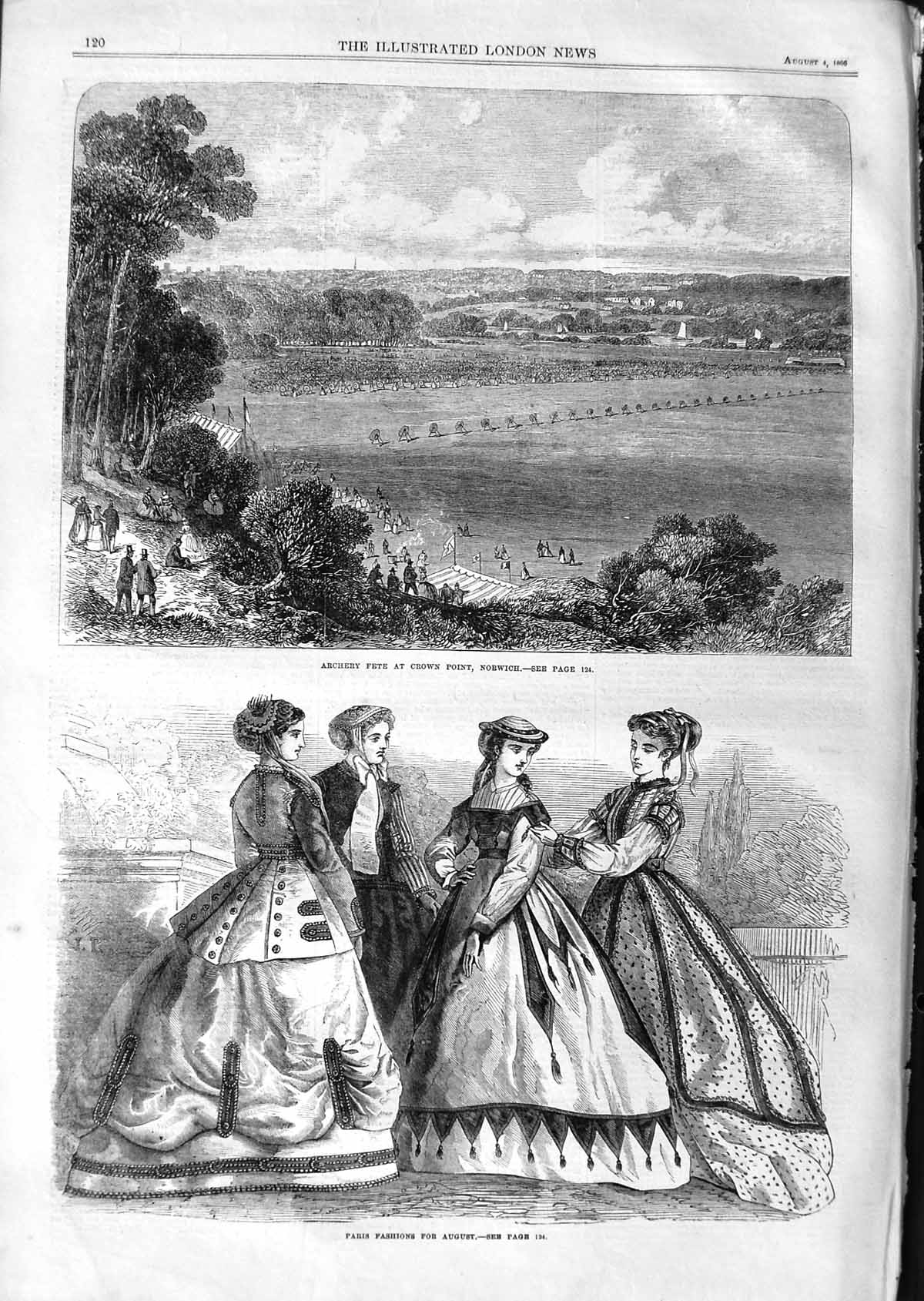 Original Old Antique Print 1866 Archery Fete Crown Point Norwich Paris Fashion