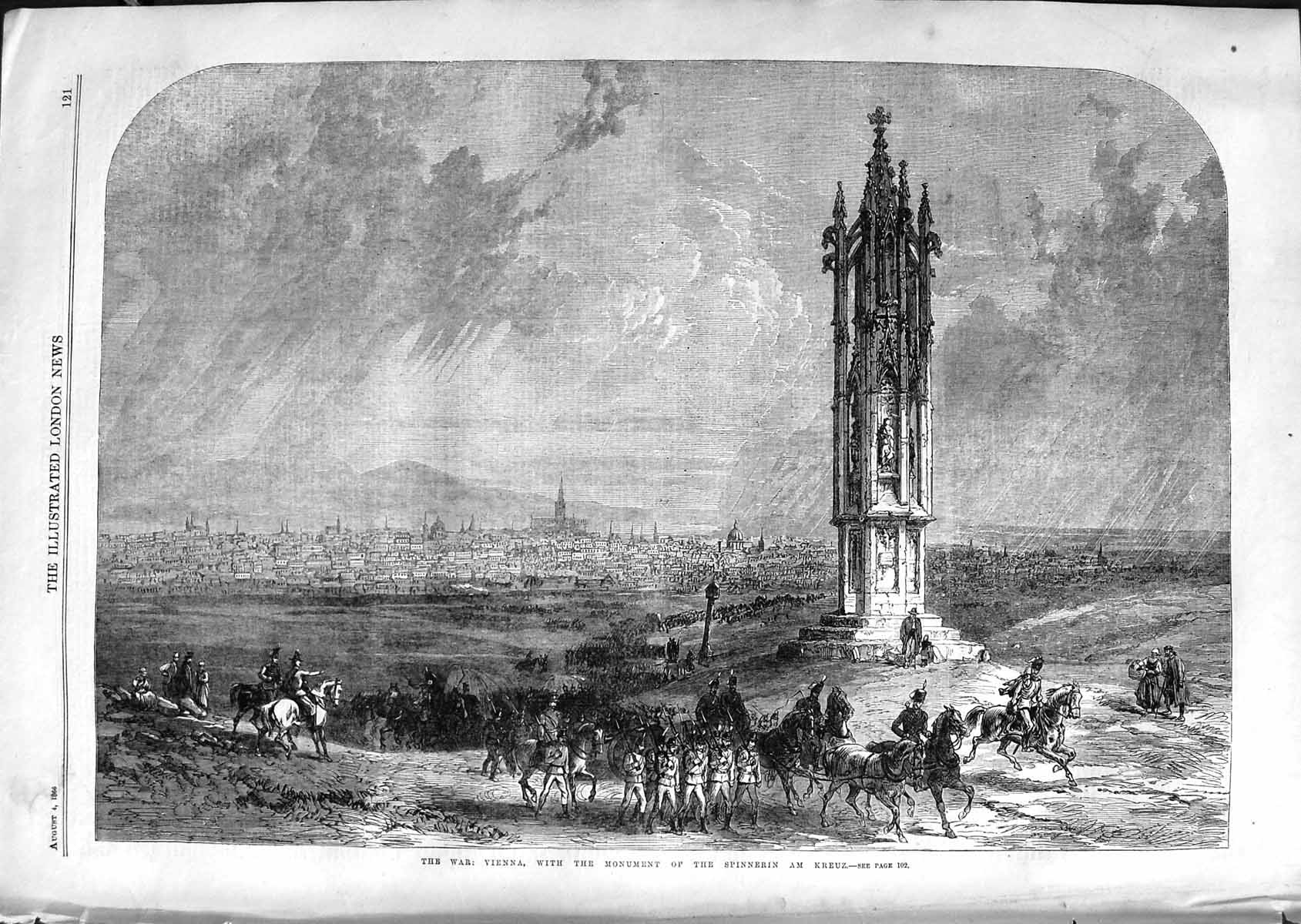 Original Old Antique Print 1866 War Vienna Monument Spinnerin Kreuz Siers 19th