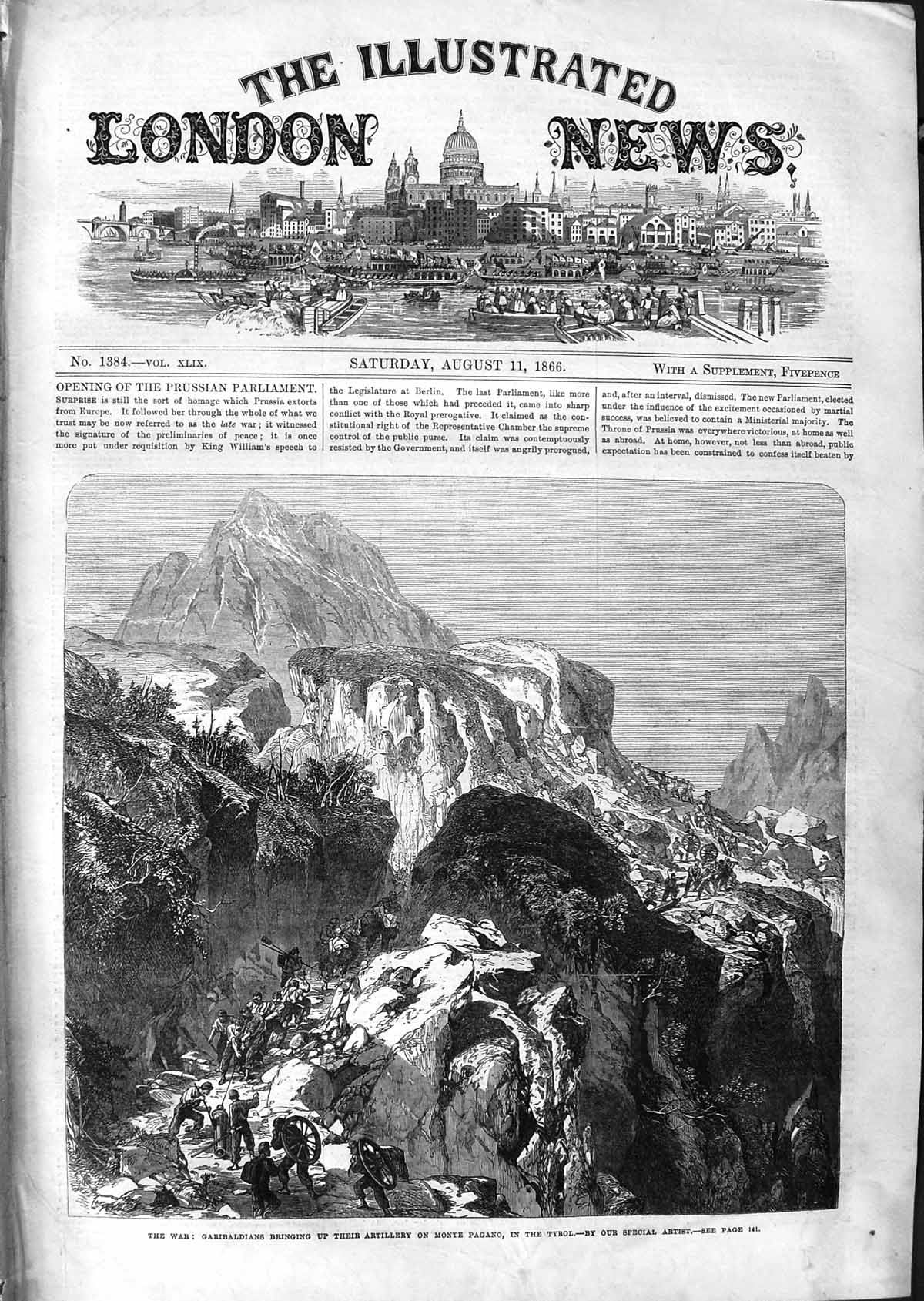 Original Old Antique Print 1866 War Garibaldians Artillery Mount Pagano Tyrol