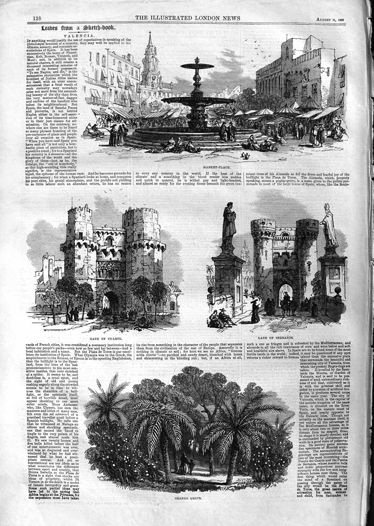 Old Antique Print 1866 Market Place Valencia Serranos Orange Grove Cuarte 19th