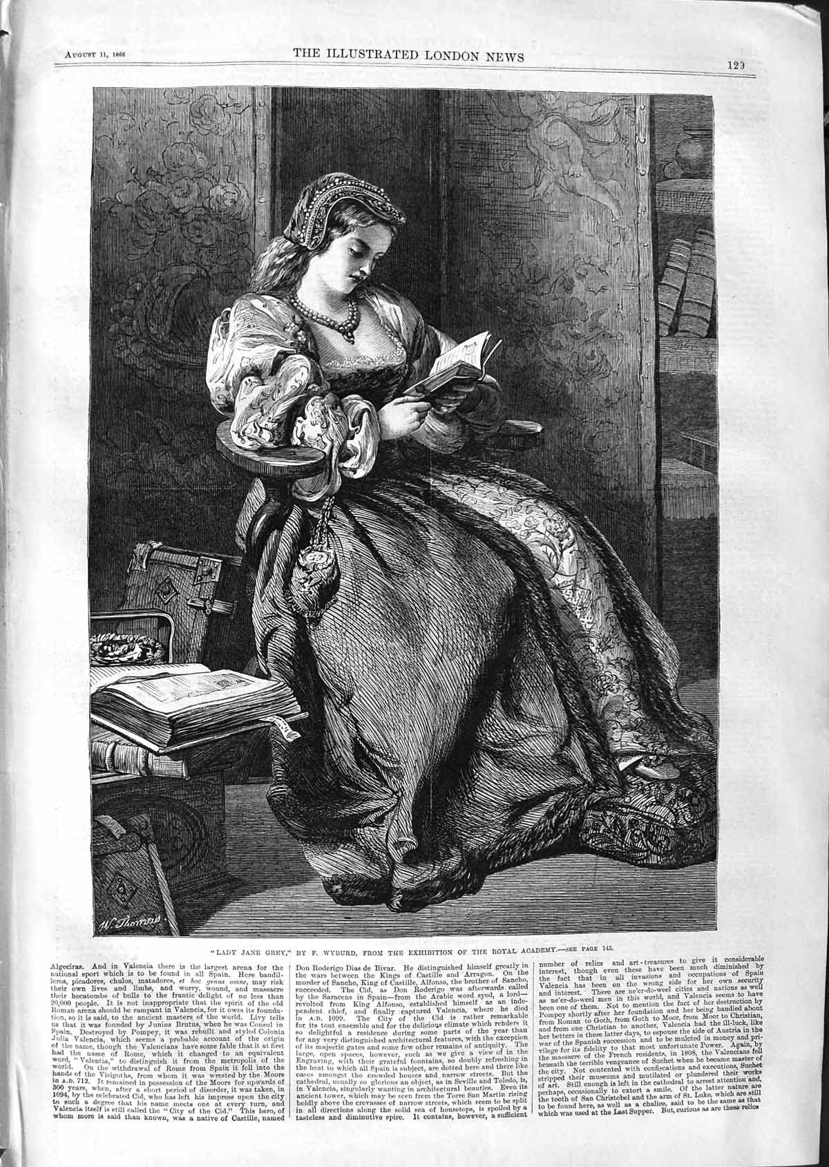 Original Old Antique Print 1866 Portrait Lady Jane Grey Reading Book Wyburd