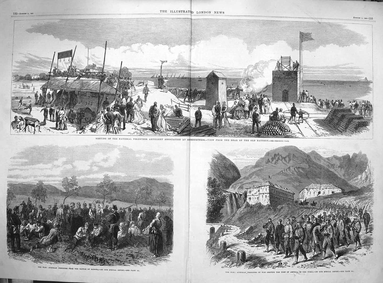 Original Old Antique Print 1866 Shoeburyness Artillery Austrian Prisoners War