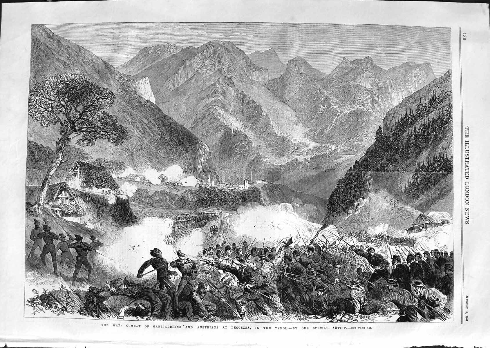 Original Old Antique Print 1866 Combat Garibakdians Austrians Beccezza Tyrol