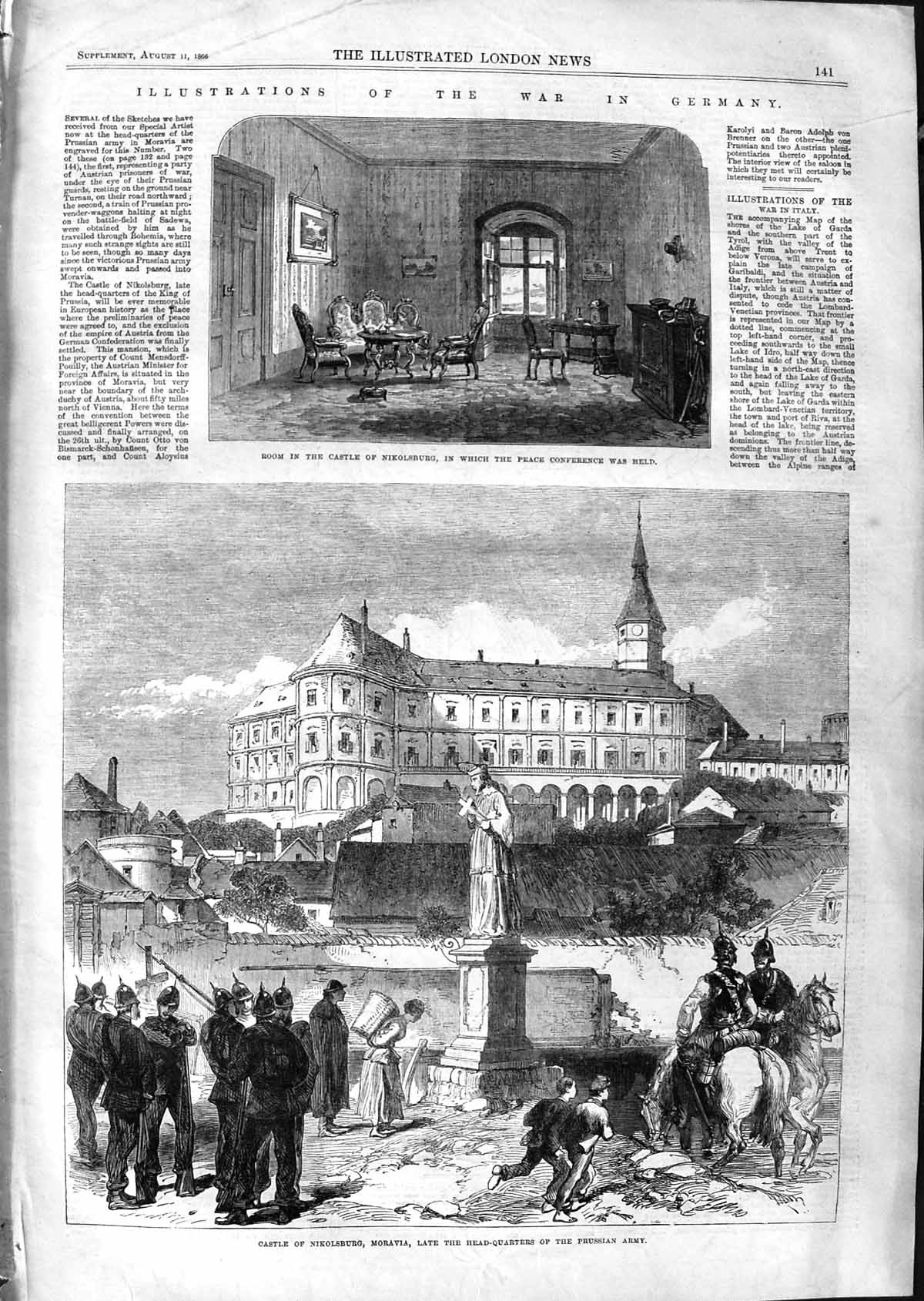 Original Old Antique Print 1866 Castle Nikolsburg Moravia Prussian A Victorian