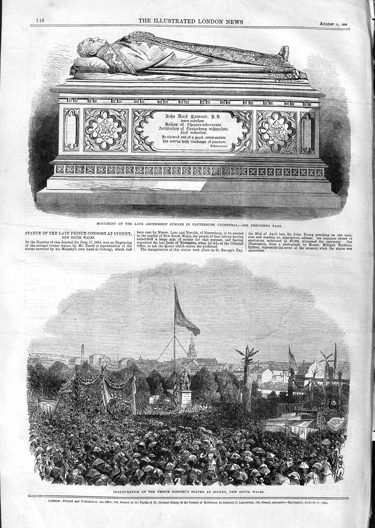 Original Old Antique Print 1866 Monument Archbishop Sumner Canterbury Consort