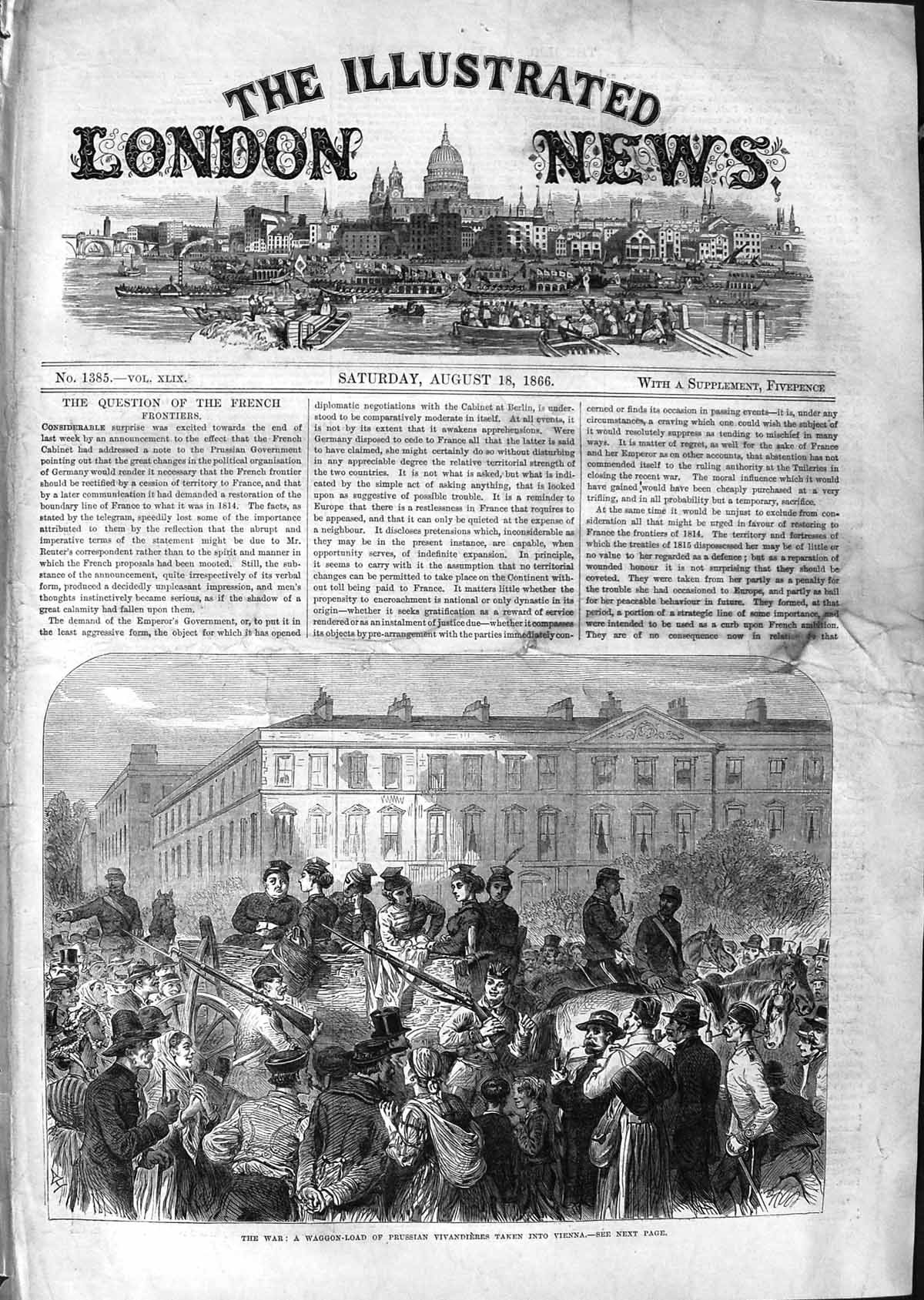 Original Old Antique Print 1866 War Waggon Prussian Vivandieres Vienna Horses