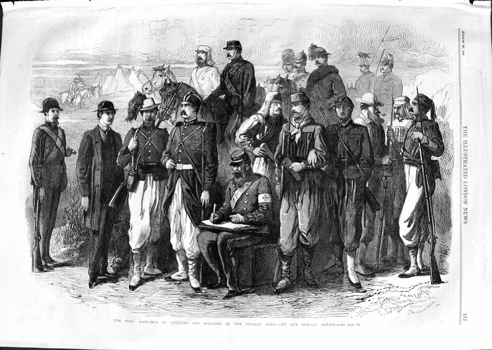 Original Old Antique Print 1866 War Costumes Officers Siers Italian Army Men