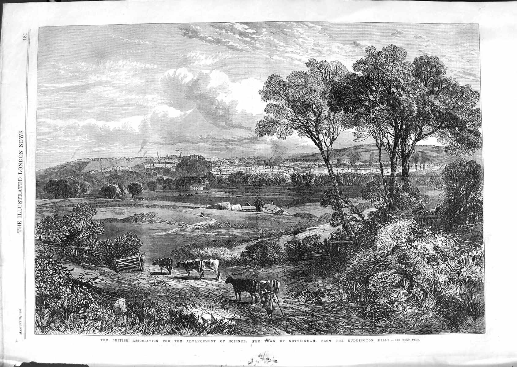 Original Old Antique Print 1866 View Town Nottingham Ruddington Hills Fine Art