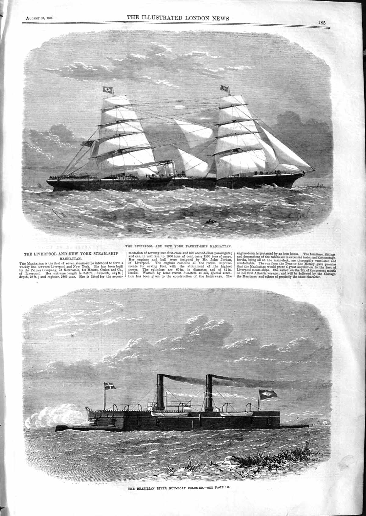 Old Antique Print 1866 Liverpool New York Ship Manhattan Brazil Colombo 19th
