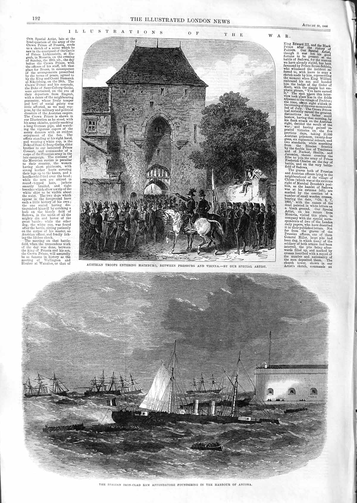 Original Old Antique Print 1866 Austrian Army Haimburg Italian Ship Affo 19th